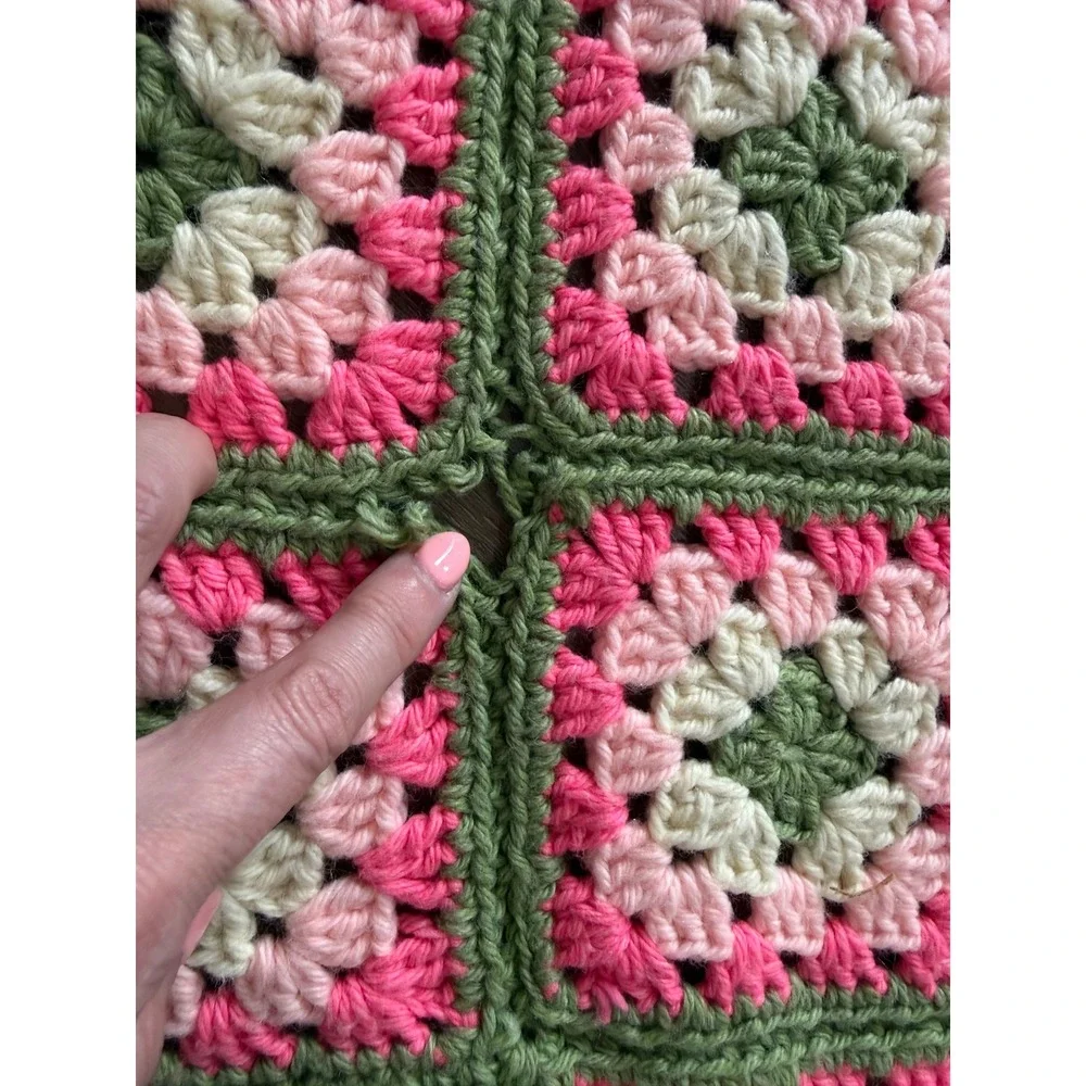 Vintage Crochet Granny Square‎ Afghan 58x64 Pink Green Throw Blanket Handmade